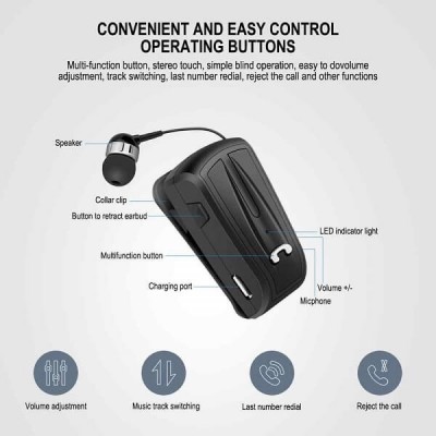 Ασύρματο Handsfree Bluetooth Ανασυρόμενο Ακουστικό Πέτου Fineblue Wireless In-Ear Headset