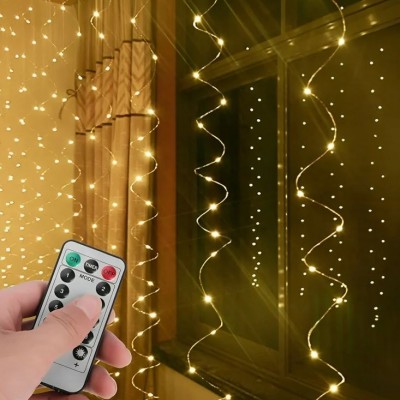 3x3m Κρεμαστά Διακοσμητικά LED Λαμπάκια Κουρτίνα - Γιρλάντα USB - 8 Λειτουργίες Φωτισμού & Τηλεχειριστήριο - Θερμό Λευκό Φως