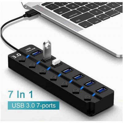 HQ-7-PORT Αντάπτορας-USB HUB Γρήγορης Φόρτισης & Μεταφοράς Δεδομένων έως 5Gbps με 7 Θύρες USB 3.0 LED Φωτισμό Λειτουργίας & Διακόπτες On/ Off