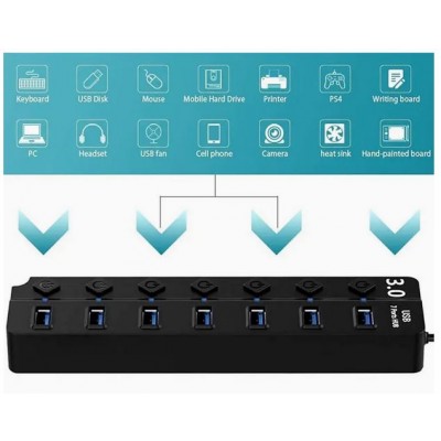 HQ-7-PORT Αντάπτορας-USB HUB Γρήγορης Φόρτισης & Μεταφοράς Δεδομένων έως 5Gbps με 7 Θύρες USB 3.0 LED Φωτισμό Λειτουργίας & Διακόπτες On/ Off