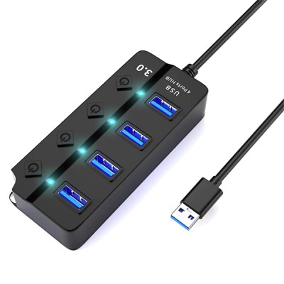 HQ-4-PORT Αντάπτορας-USB HUB Γρήγορης Φόρτισης & Μεταφοράς Δεδομένων έως 5Gbps με 4 Θύρες USB 3.0 LED Φωτισμό Λειτουργίας & Διακόπτες On/ Off
