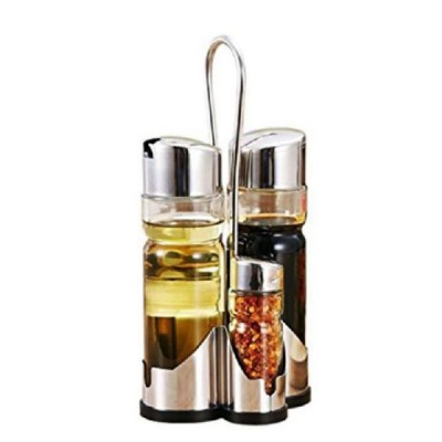 Γυάλινο Σετ Λαδόξυδο και Δοχεία Μπαχαρικών με Inox Βάση και Καπάκια 4 τεμ.