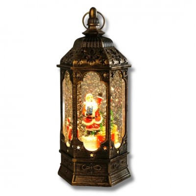 Vintage Μπρονζέ Χριστουγεννιάτικο Διακοσμητικό Φωτιζόμενο Φανάρι με Κινούμενο Χιόνι