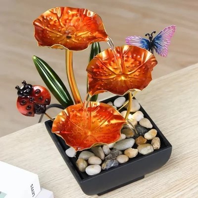 25x16x10cm Ατμοσφαιρικό Συντριβάνι Feng Shui με Λωτούς, Πεταλούδα, Πασχαλίτσα και Τρεχούμενο Νερό Επιτραπέζιας Διακόσμησης