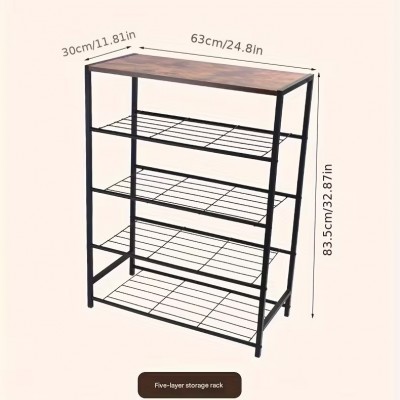 83x63x30cm Μεταλλική Ραφιέρα-Παπουτσοθήκη 5 Επιπέδων με Ξύλινη Επιφάνεια