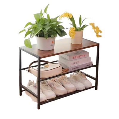 43x63x30εκ Μεταλλική Ραφιέρα-Παπουτσοθήκη Τριών Επιπέδων με Ξύλινη Επιφάνεια και Compact Σχεδιασμό