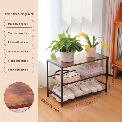 43x63x30εκ Μεταλλική Ραφιέρα-Παπουτσοθήκη Τριών Επιπέδων με Ξύλινη Επιφάνεια και Compact Σχεδιασμό