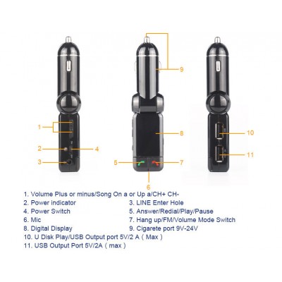 Car FM Transmitter - Πομπός Bluetooth USB, AUX In, MP3 Player & Φορτιστής 2 x USB 2.1A