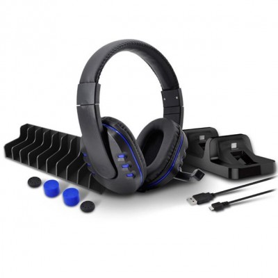 Σετ 5 σε 1 με Ακουστικά Headset Gamer, Βάση Φόρτισης Τηλεχειριστηρίων Controller PS4, Thumb Grips & Ραφάκι 10 Παιχνιδιών