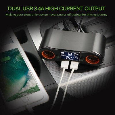 Splitter Αναπτήρα με Dual 2x Φορτιστή USB, Βολτόμετρο & Θερμόμετρο Αυτοκινήτου