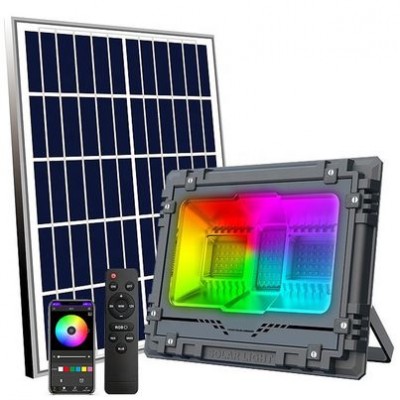 300W Αδιάβροχος Επαναφορτιζόμενος Ηλιακός Προβολέας Αλουμινίου LED RGB με Τηλεχειρισμό & Χρονοδιακόπτη MJ-AW300C