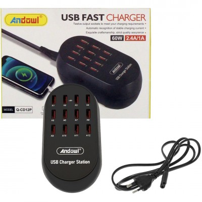 Andowl Q-CD12P Σταθμός Φόρτισης 60W με 12 Θύρες USB για Πολλαπλές Συσκευές με Τσιπ Έξυπνης Διαχείρισης Ρεύματος & Προστασία Ασφαλείας