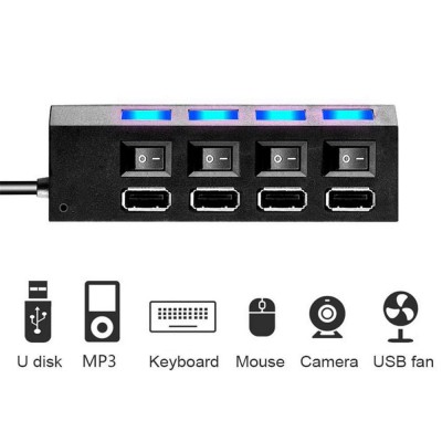 TREQA Αντάπτορας - USB HUB Φόρτισης & Μεταφοράς Δεδομένων έως 480 Mbpsμε 4 Θύρες USB 2.0 LED Φωτισμό Λειτουργίας & Διακόπτες On/ Off