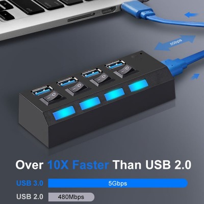 TREQA Αντάπτορας - USB HUB Γρήγορης Φόρτισης & Μεταφοράς Δεδομένων έως 5Gbps με 4 Θύρες USB 3.0 LED Φωτισμό Λειτουργίας & Διακόπτες On/ Off