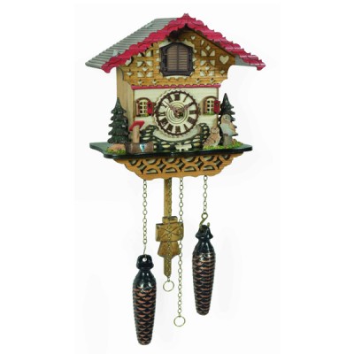 Ξύλινο Ρολόι Κούκος με Χειροποίητη Παράσταση Παραδοσιακού Αλπικού Σπιτιού 20cm, Εκκρεμές, με Πηγάδι και Κουκουβάγιες 20cm